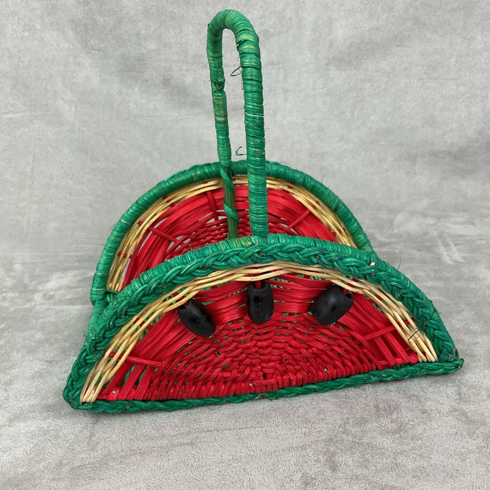 Vintage watermelon shaped napkin holder wicker basket with a top handle